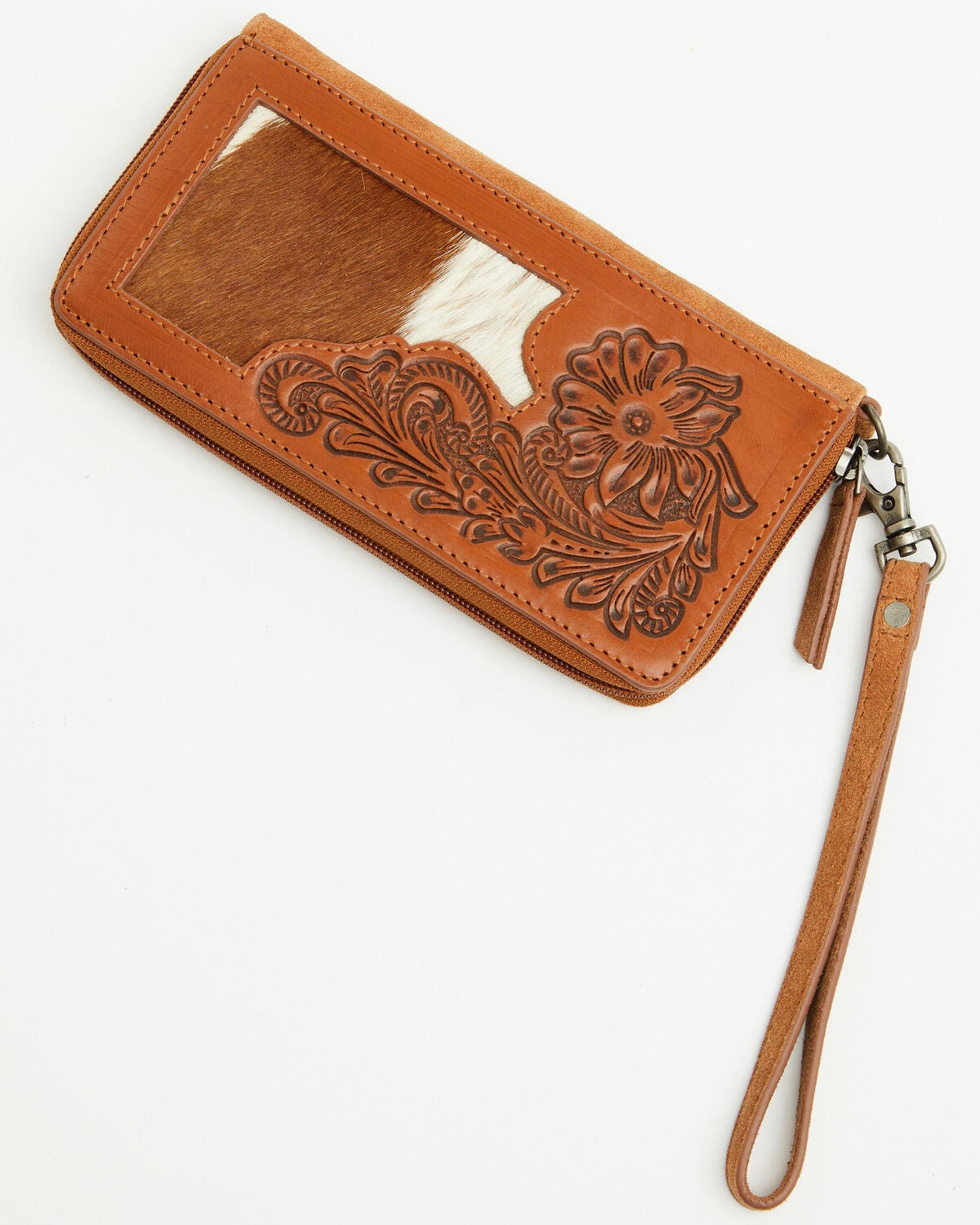 Shyanne Women's Hair On Hide Tooled Leather Wristlet Wallet, Brown, hi-res