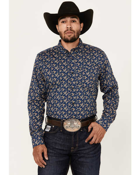 Image #1 - Cody James Men's El Camino Hills Floral Print Long Sleeve Button-Down Stretch Western Shirt , Navy, hi-res