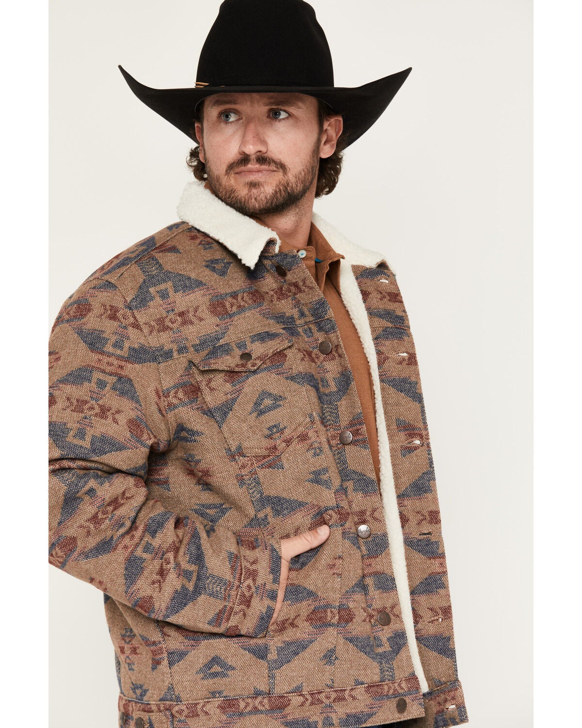 Image #2 - Wrangler Men's Southwestern Print Sherpa Lined Jacket, Taupe, hi-res