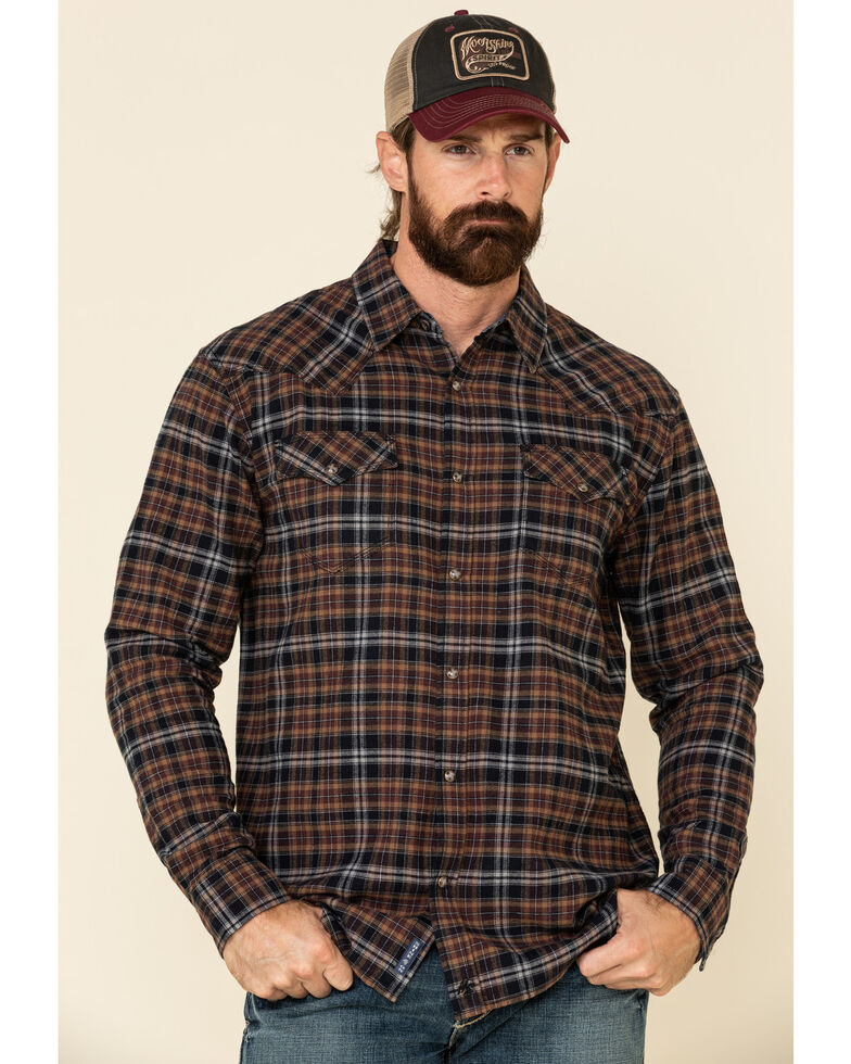 Moonshine Spirit Men's Spice Up In Smoke Small Plaid Long Sleeve Western Flannel Shirt , Brown, hi-res