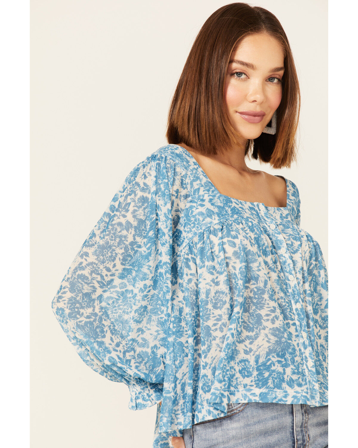 Image #2 - Beyond The Radar Women's Floral Print Long Sleeve Mesh Top, Blue, hi-res