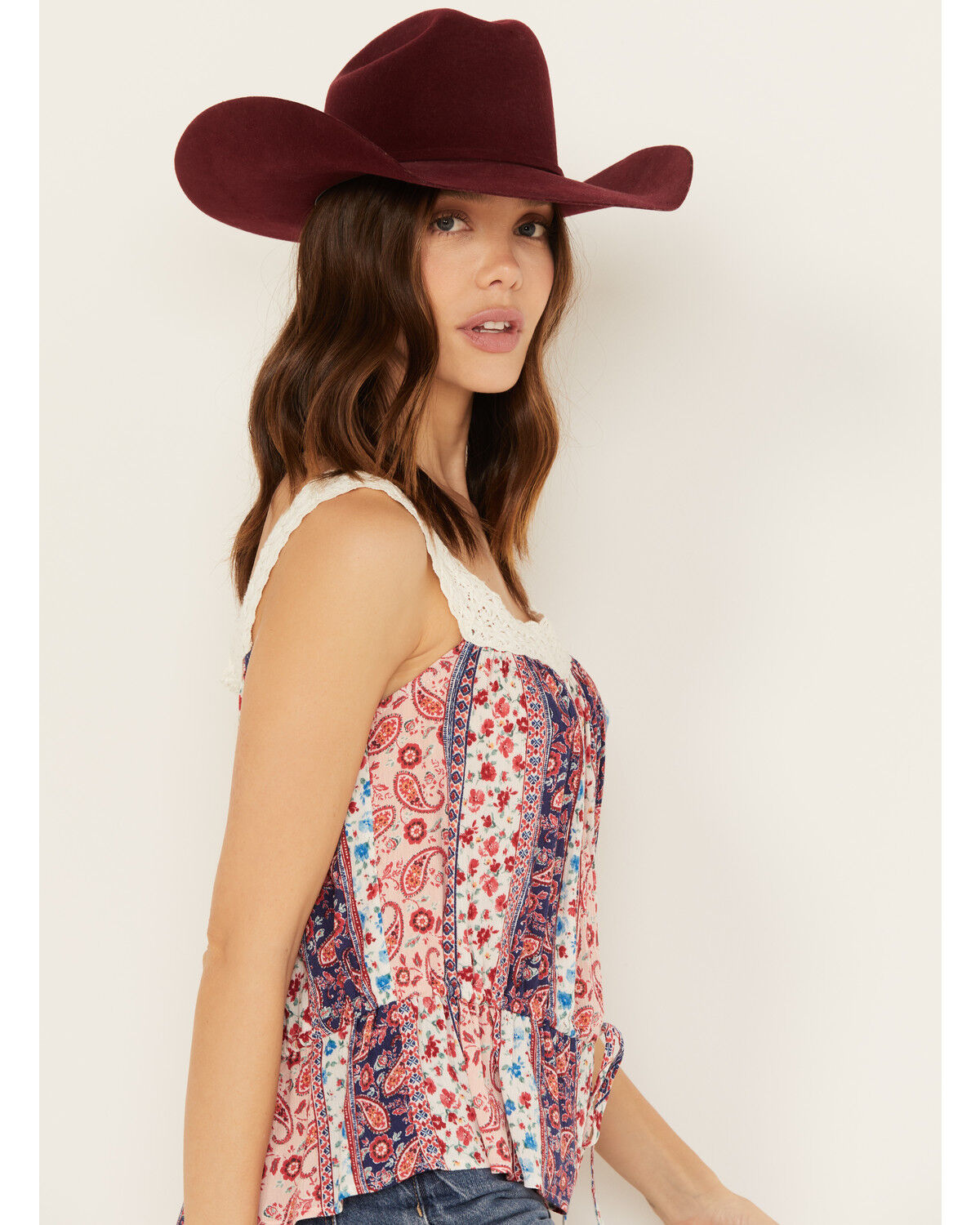 Image #2 - Wild Moss Women's Print Peplum Crochet Trim Top, Multi, hi-res