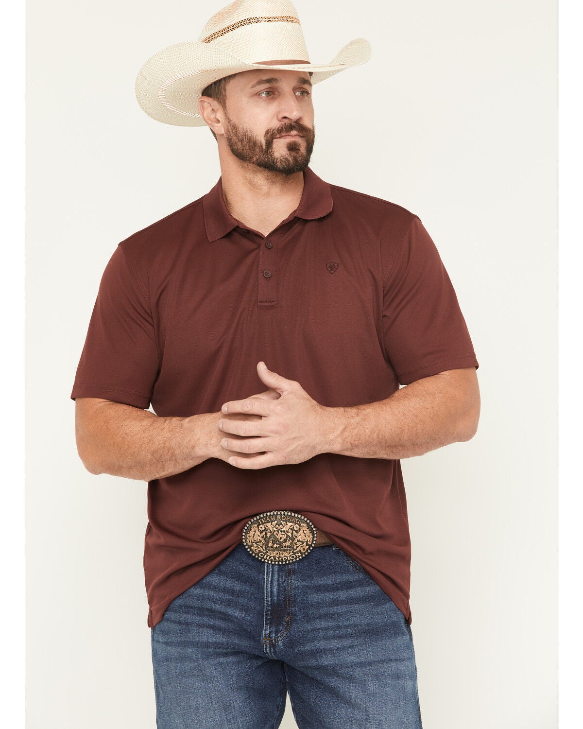 Ariat Men's Solid Tek Short Sleeve Polo Shirt - Big, Maroon, hi-res