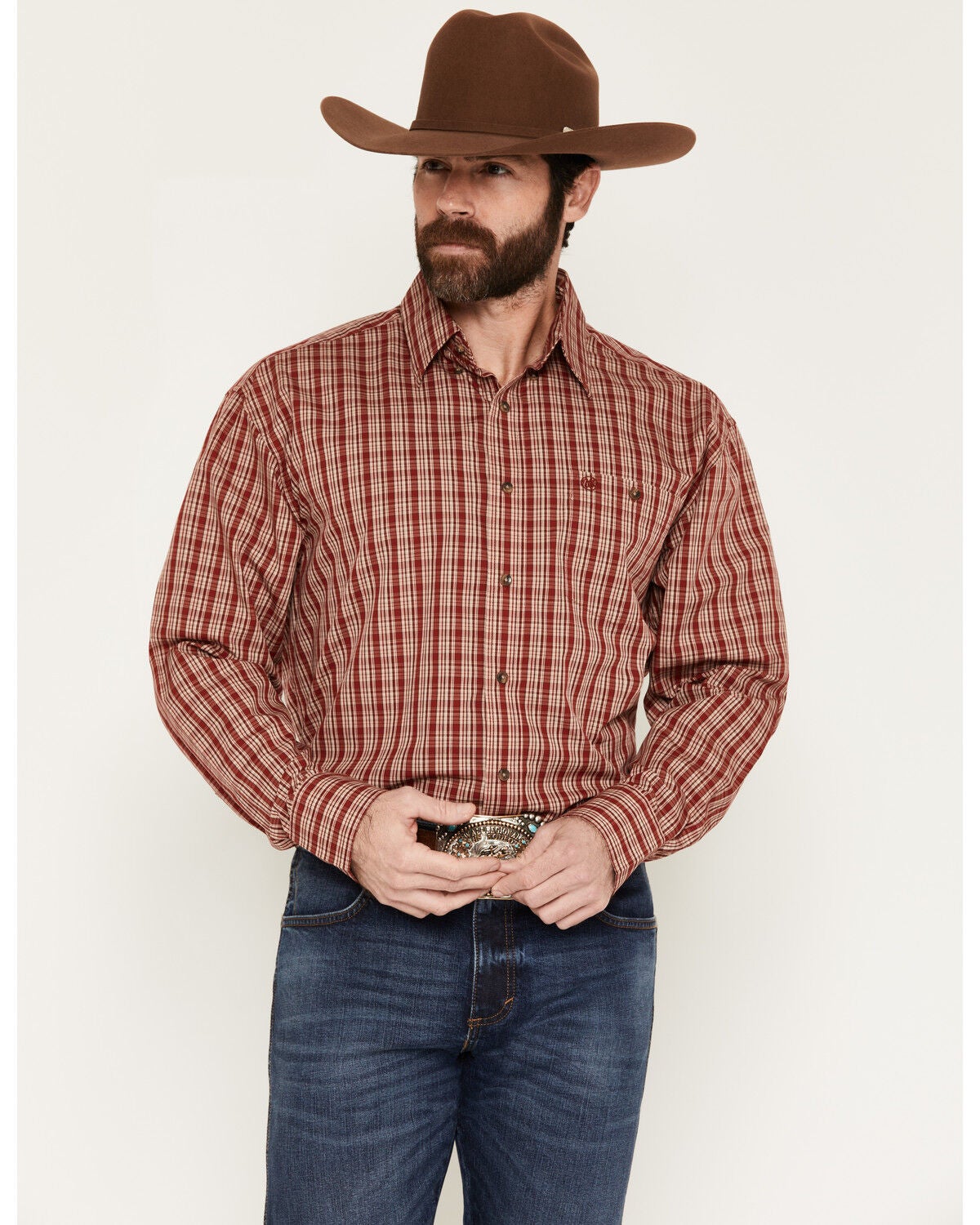 Image #1 - Wrangler Men's Classic Plaid Print Long Sleeve Button-Down Western Shirt, Red, hi-res