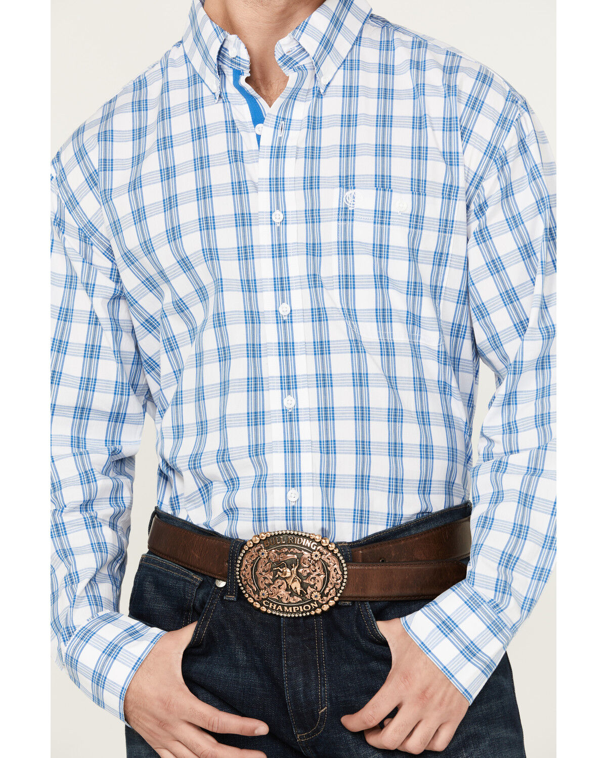 Image #3 - George Strait By Wrangler Men's Plaid Print Long Sleeve Button-Down Stretch Western Shirt, White, hi-res