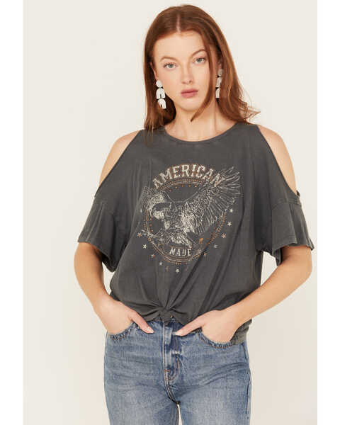 Image #1 - White Crow Women's American Eagle Cold Shoulder Graphic Tee, Charcoal, hi-res