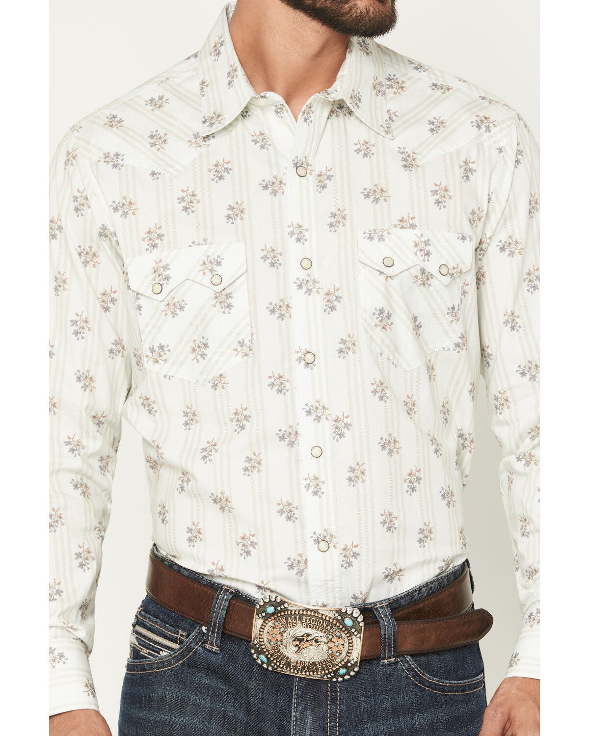Image #3 - Rock & Roll Denim Men's Floral Print Long Sleeve Snap Stretch Western Shirt, Natural, hi-res