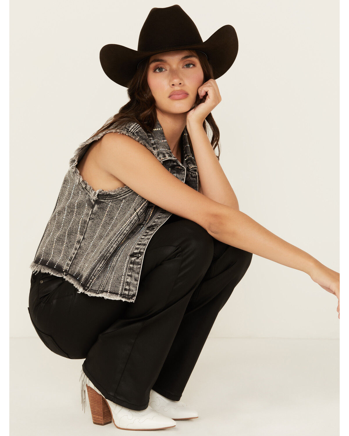 Image #1 - Veveret Women's Rhinestone Button-Down Denim Vest, Black, hi-res