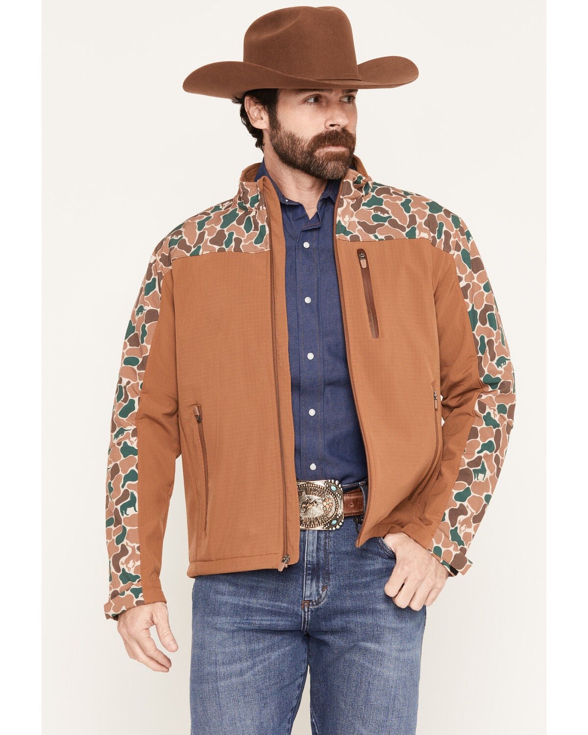 Hooey Men's Jackson Camo Color Block Softshell Jacket, Camel, hi-res