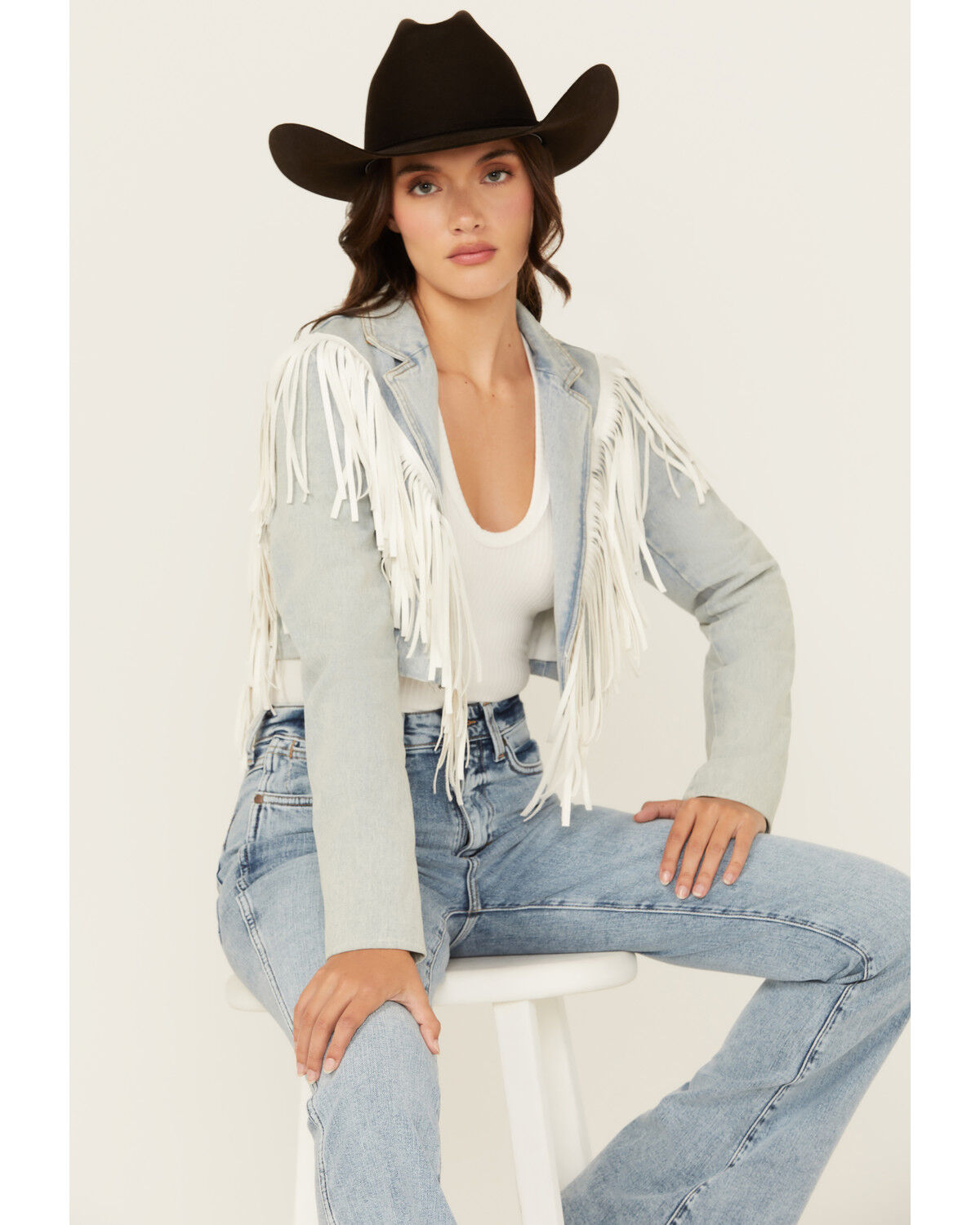 Image #1 - Azalea Wang Women's Halina Fringe Light Wash Cropped Denim Jacket, Light Wash, hi-res