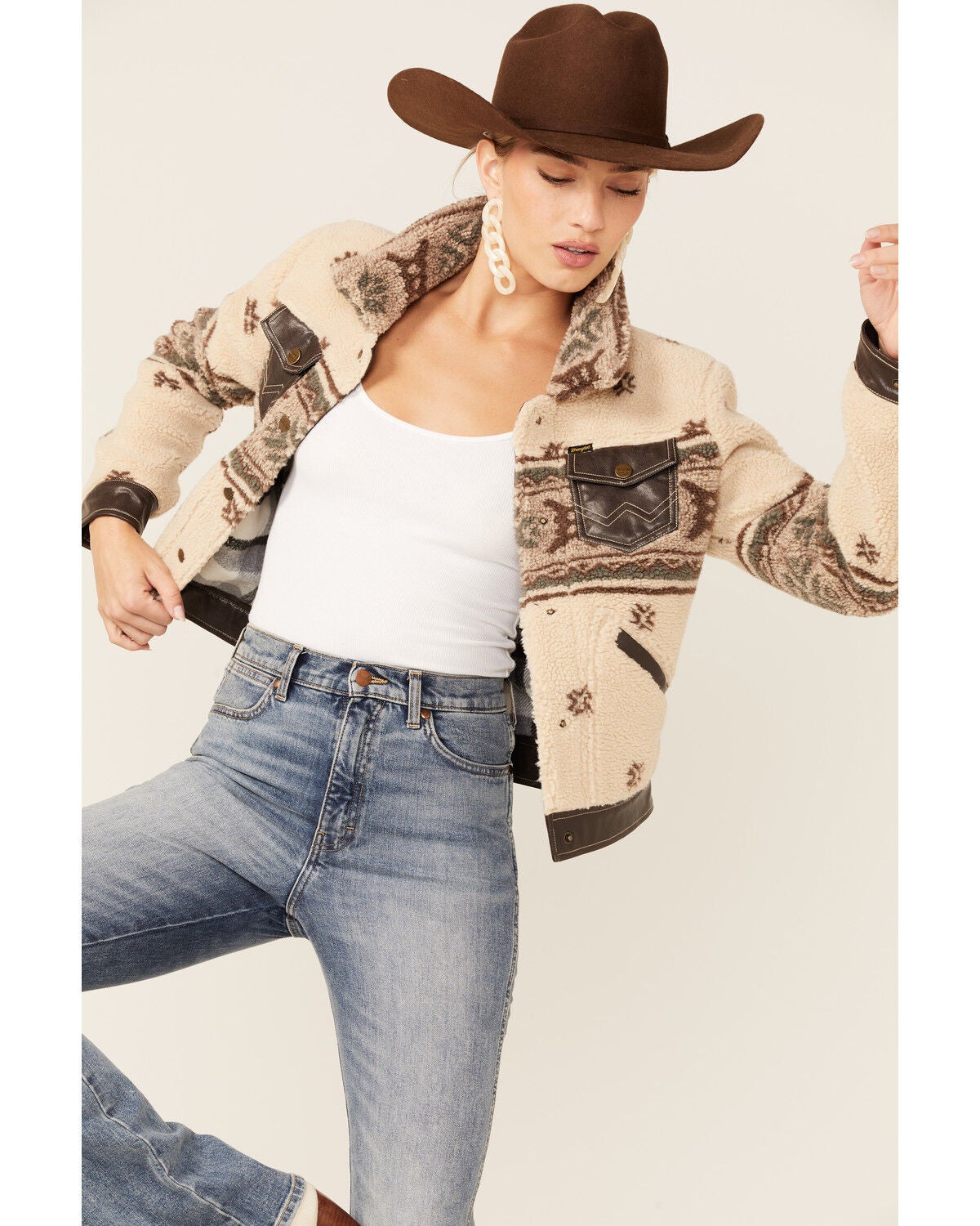 Image #1 - Wrangler Women's Tan Shearling & Stamped Leather Southwestern Jacket, , hi-res