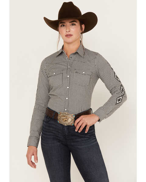RANK 45® Women's Plaid Print Long Sleeve Embroidery Western Riding Snap Shirt, Black, hi-res