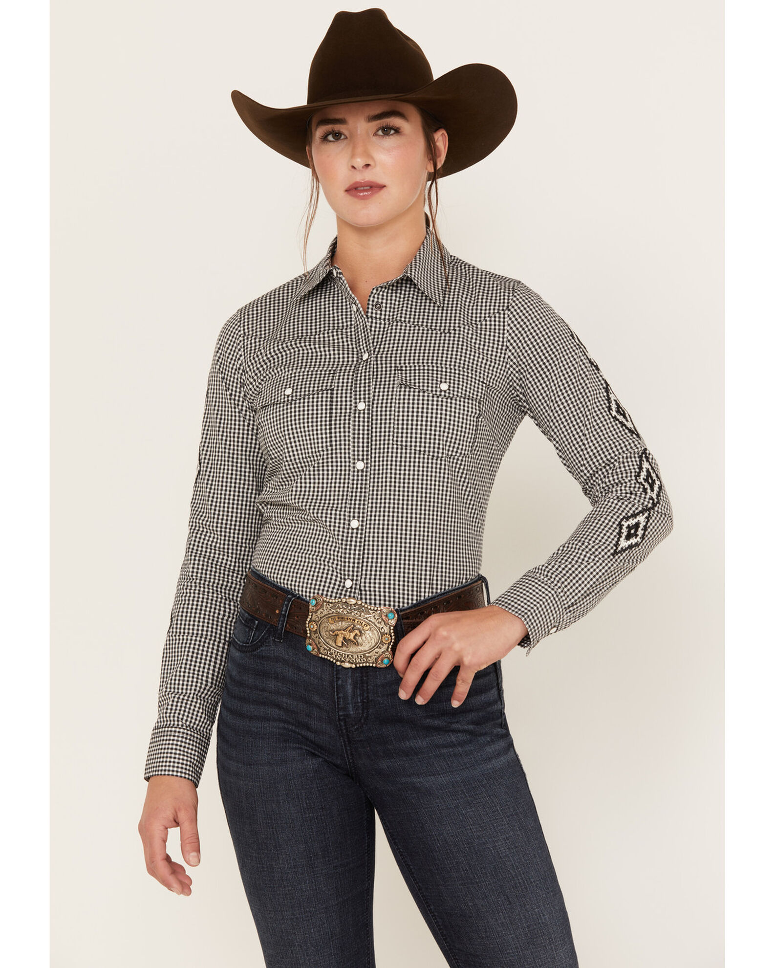 Image #1 - RANK 45® Women's Plaid Print Long Sleeve Embroidery Western Riding Snap Shirt, , hi-res