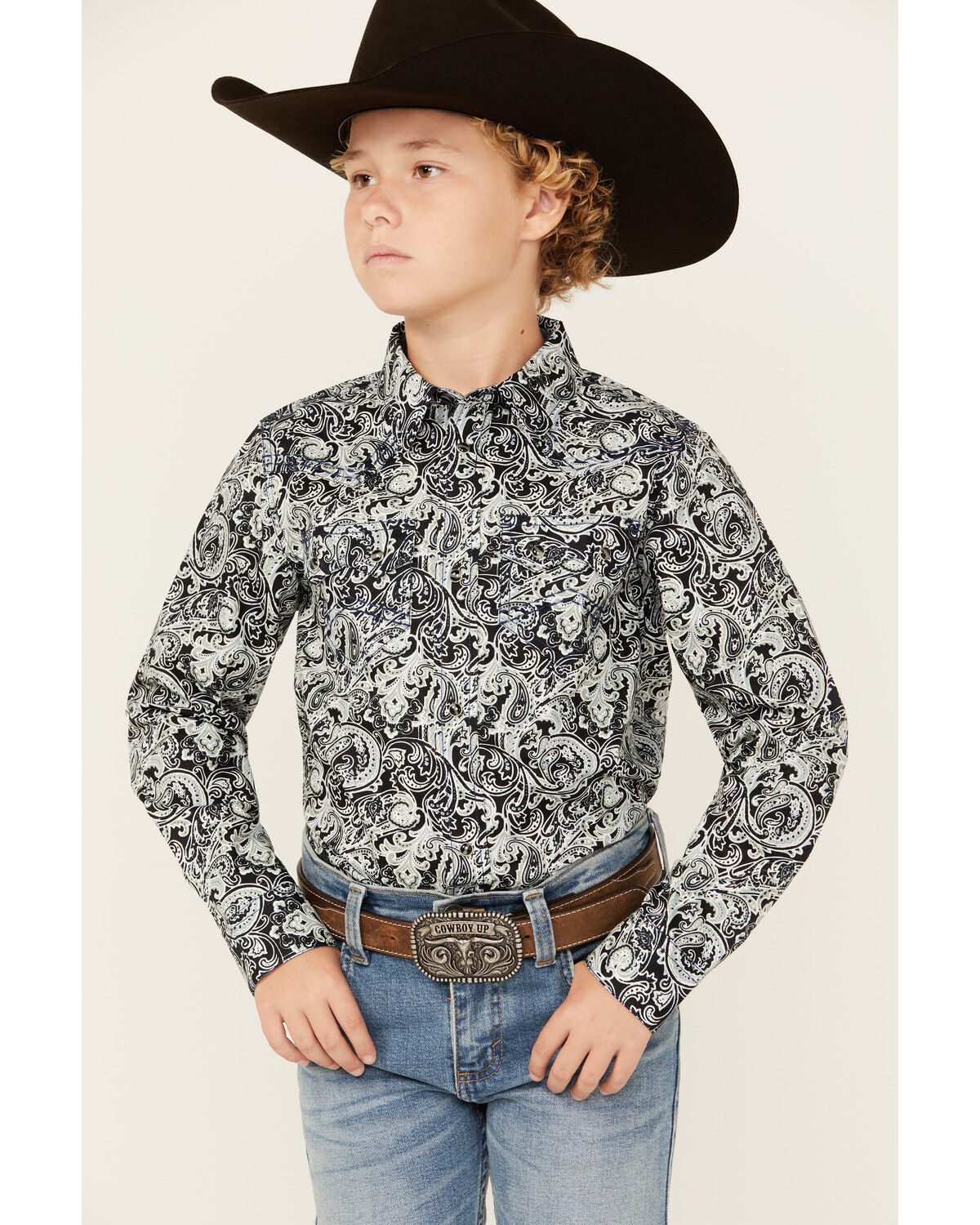 Image #1 - Cody James Boys' Showdown Paisley Print Long Sleeve Snap Western Shirt, Navy, hi-res