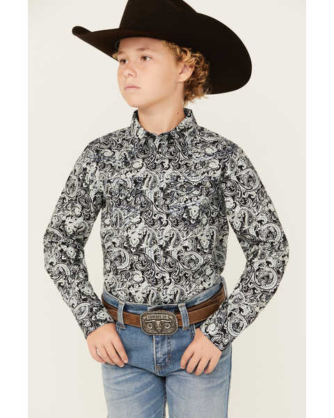 Image #1 - Cody James Boys' Showdown Paisley Print Long Sleeve Snap Western Shirt , Navy, hi-res