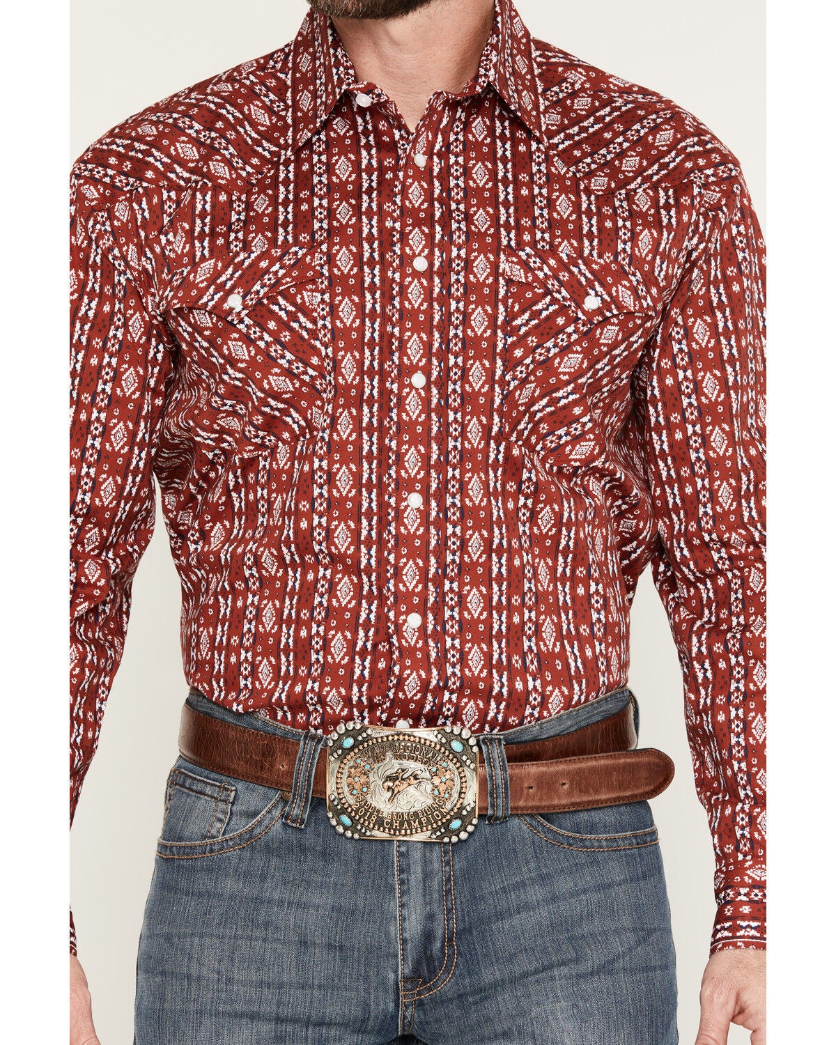 Image #3 - Panhandle Slim Men's Southwestern Print Long Sleeve Snap Stretch Western Shirt, Red, hi-res