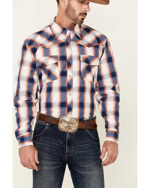 Image #3 - Cowboy Hardware Men's Large Plaid Print Long Sleeve Pearl Snap Western Shirt , Navy, hi-res