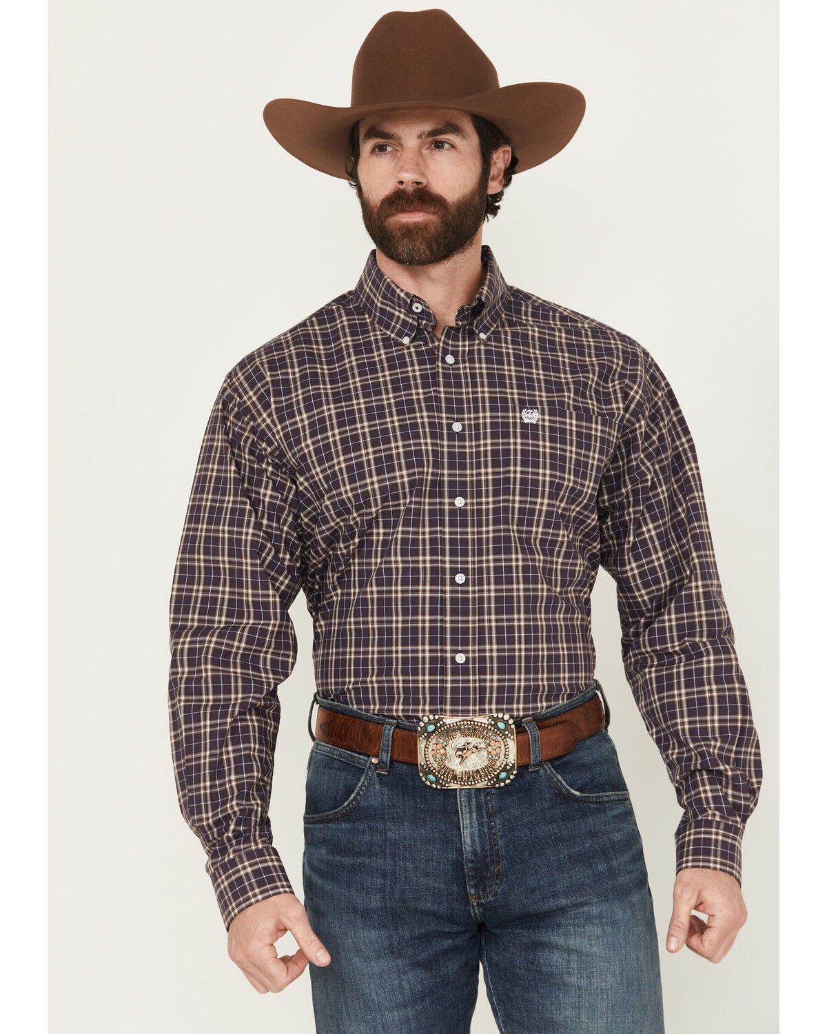 Cinch Men's Plaid Print Long Sleeve Button-Down Western Shirt, Purple, hi-res