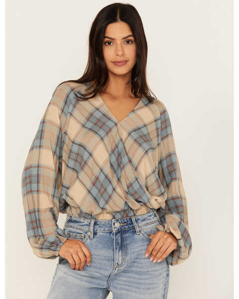 Image #1 - Cleo + Wolf Women's Plaid Print Blouson Crossover Top, Wheat, hi-res