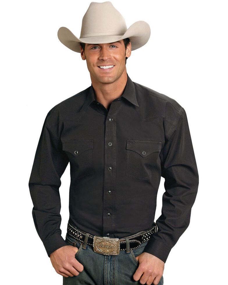 Stetson Men's Solid Oxford Snap Long Sleeve Western Shirt, Black, hi-res