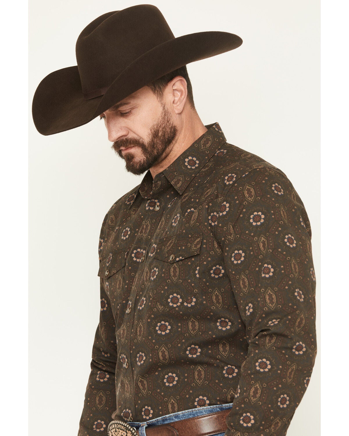 Image #2 - Gibson Trading Co Men's Bourbon Street Medallion Print Long Sleeve Snap Stretch Western Shirt - Tall, Brown, hi-res