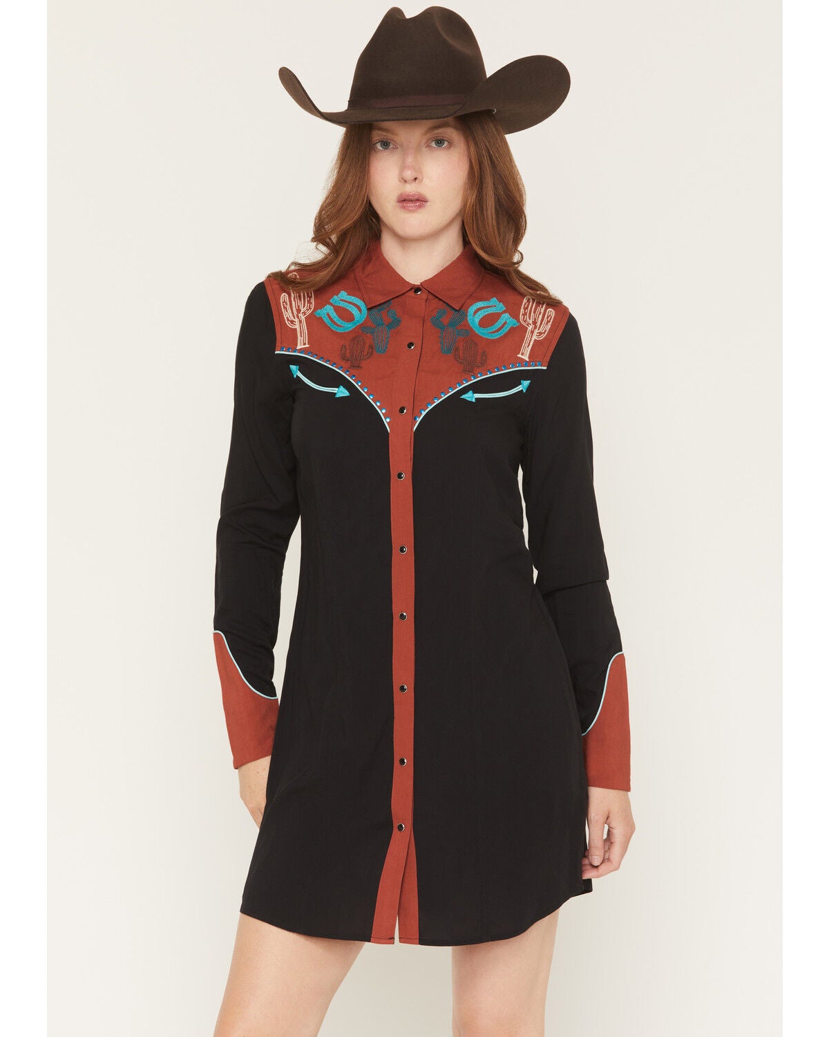 Image #1 - Panhandle Slim Women's Retro Desert Embroidered Long Sleeve Snap Western Mini Dress, Black, hi-res