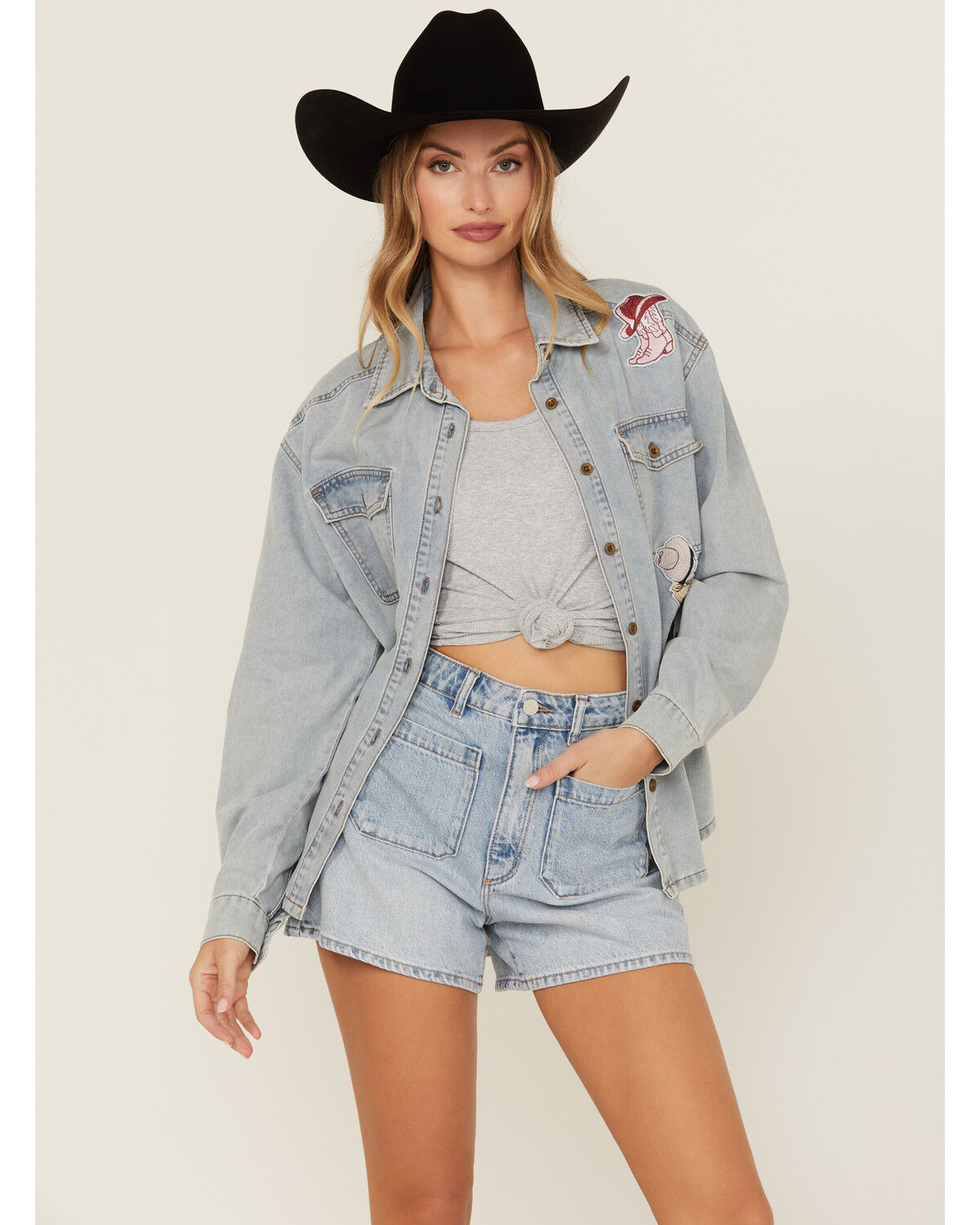 Image #1 - Blue B Women's Light Wash Denim Western Patchwork Long Sleeve Button-Down Western Shirt, Light Wash, hi-res