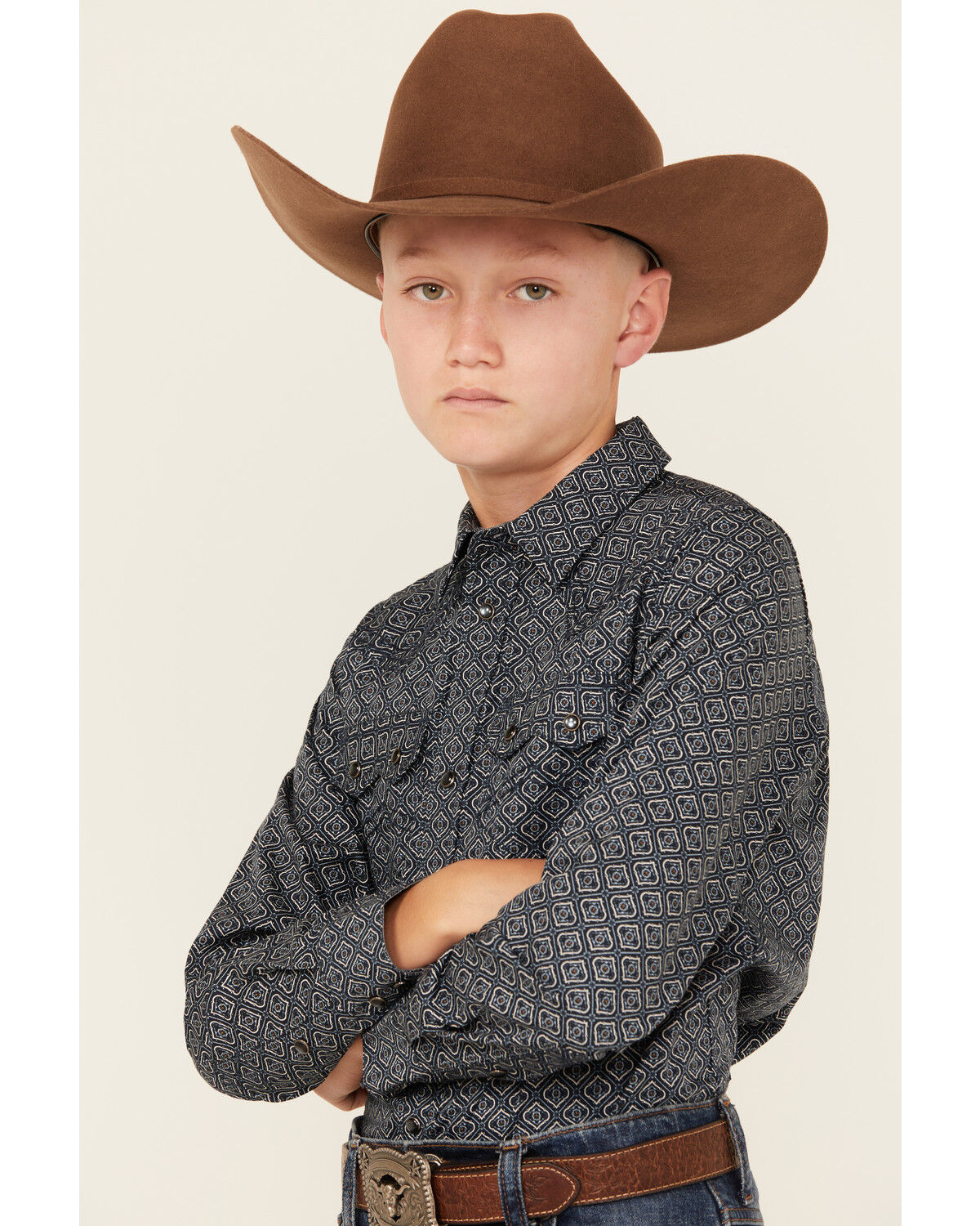 Image #2 - Cody James Boys' Slingshot Medallion Print Long Sleeve Snap Western Shirt, Navy, hi-res