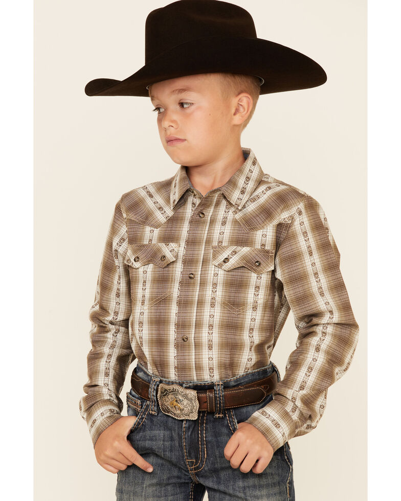 Cody James Boys' Lanyard Stripe Long Sleeve Snap Western Shirt , Olive, hi-res