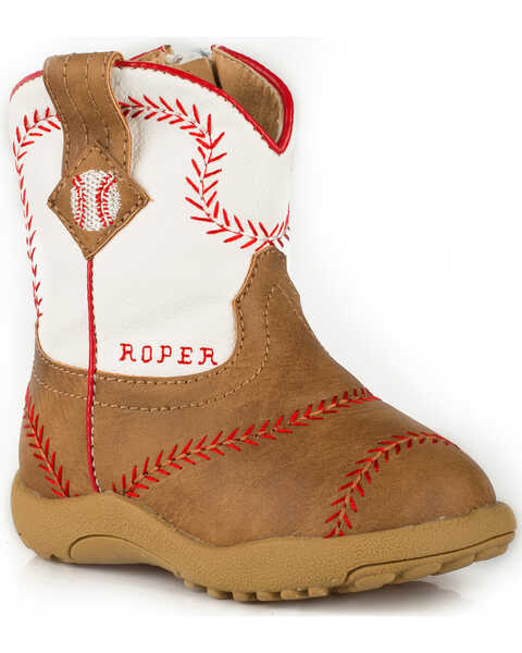 Roper Infant Boys' Cowbaby Baseball Pre-Walker Cowboy Boots - Round Toe, Tan, hi-res