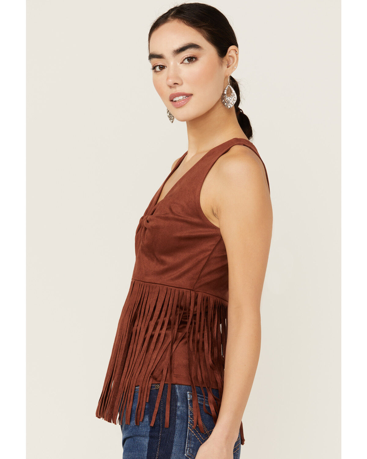 Image #2 - Idyllwind Women's Pennington Faux Suede Twisted Fringe Top, Mahogany, hi-res
