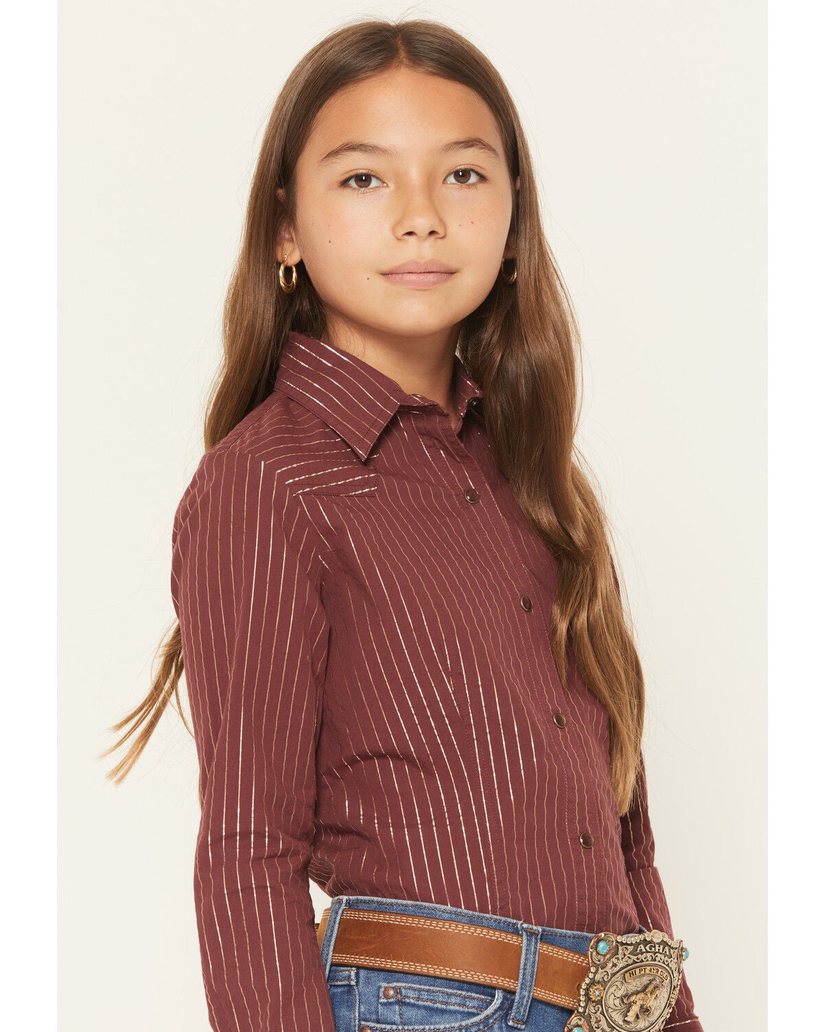 Image #2 - Cruel Girl Girls' Striped Long Sleeve Snap Western Shirt, Burgundy, hi-res