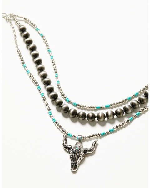 Cowgirl Confetti Women's Turn It Loose Bull Head Layered Beaded Necklace, Silver, hi-res