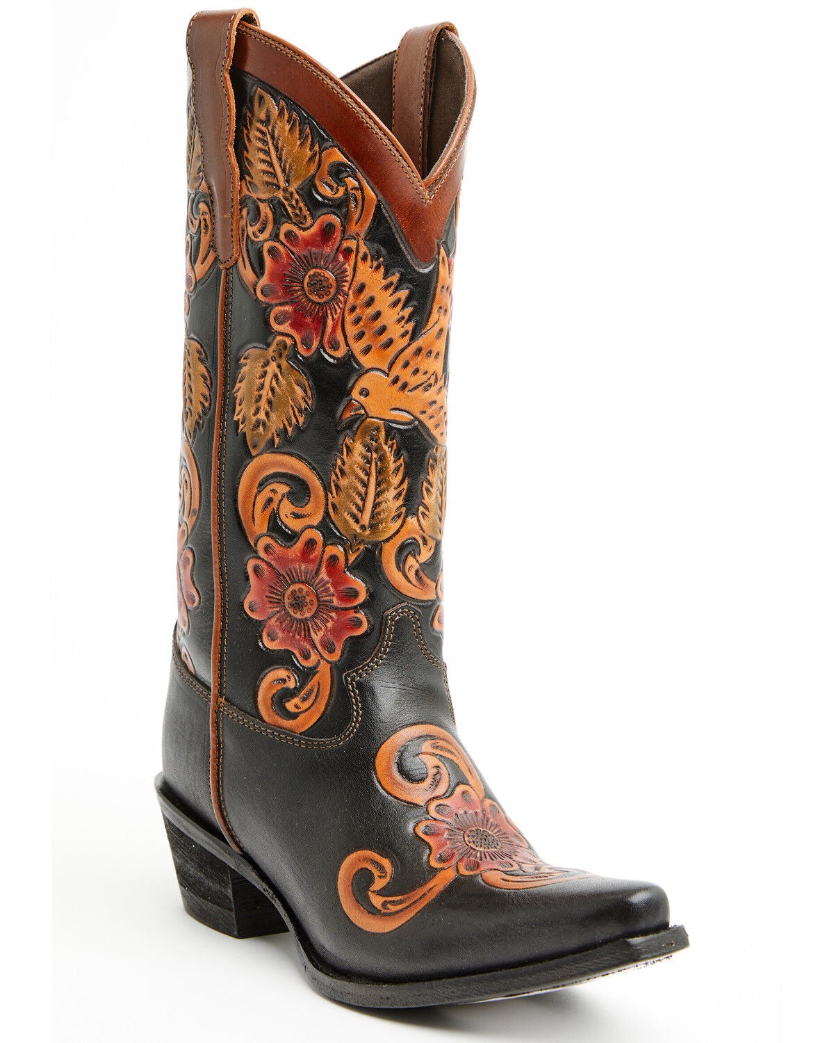 Shyanne Women's Aleena Tooled Floral Western Boots - Snip Toe, Brown, hi-res