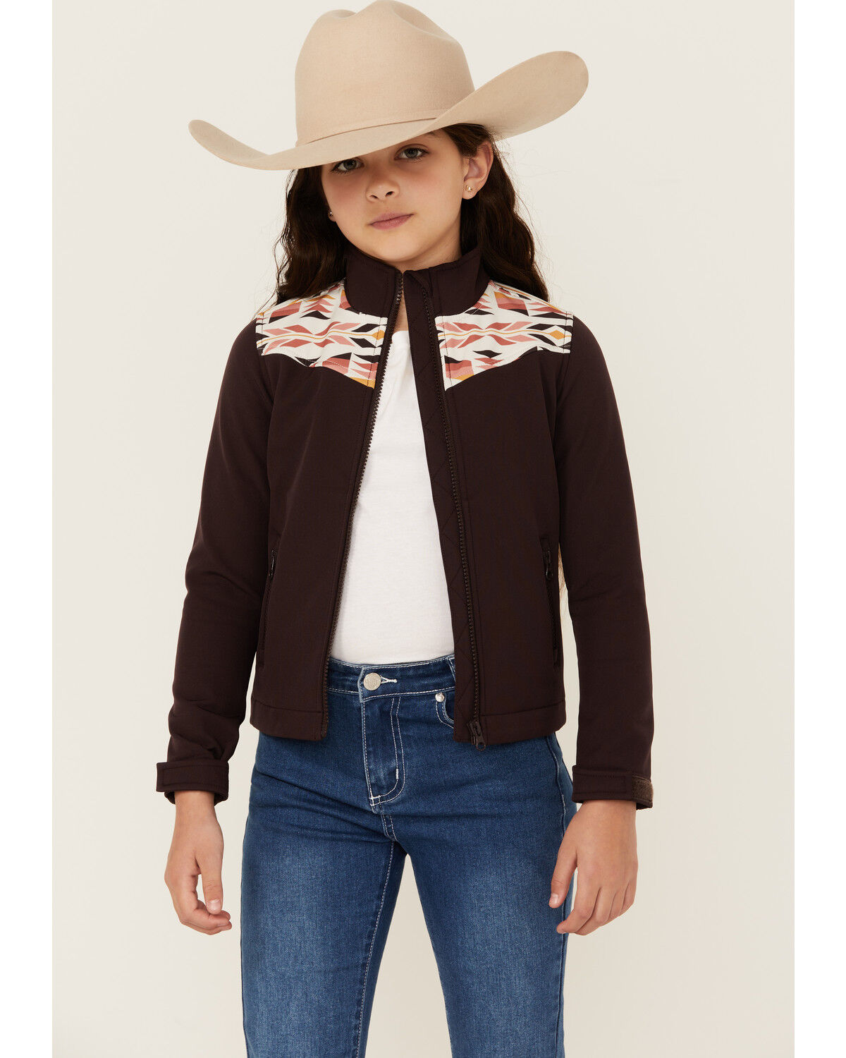 Image #1 - Shyanne Girls' Southwestern Print Softshell Jacket, Chocolate, hi-res