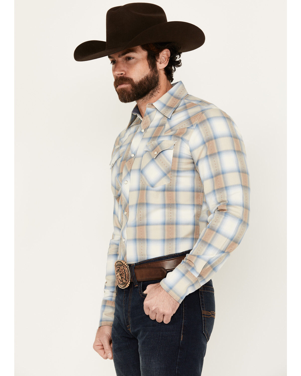 Image #2 - Stetson Men's Dobby Plaid Print Long Sleeve Snap Western Shirt, Tan, hi-res