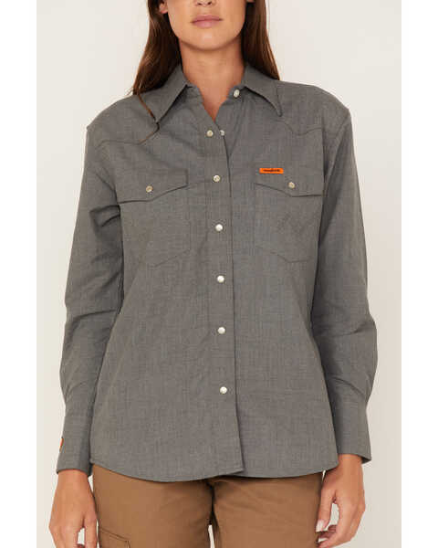 Image #3 - Wrangler Women's FR Long Sleeve Pearl Snap Western Work Shirt, Grey, hi-res