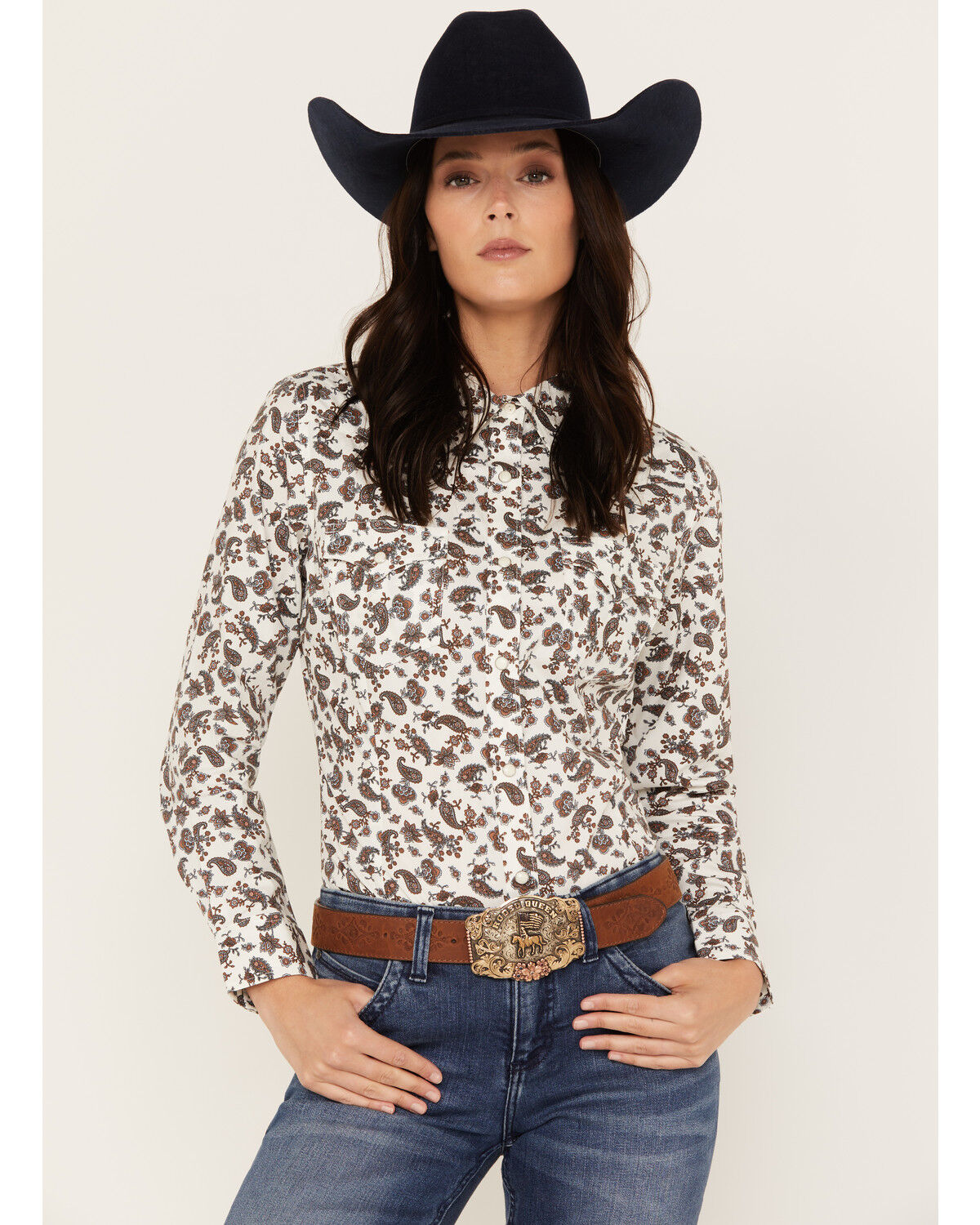 Image #1 - Wrangler Women's Paisley Long Sleeve Western Pearl Snap Shirt, Blue/white, hi-res