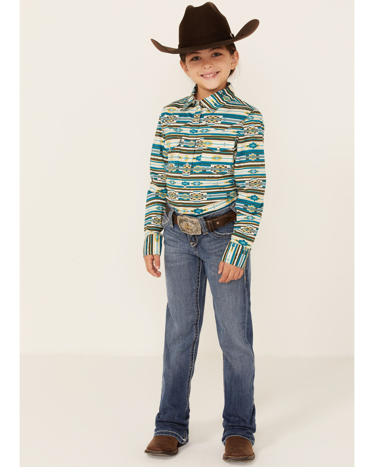 Image #4 - RANK 45® Girls' Southwestern Print Long Sleeve Pearl Snap Western Shirt, , hi-res
