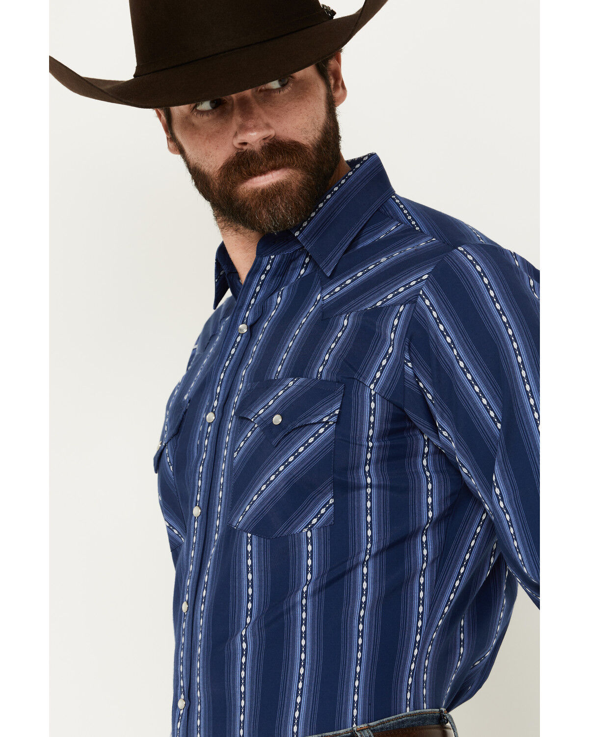 Image #2 - Ely Walker Men's Southwestern Striped Print Long Sleeve Pearl Snap Western Shirt, Navy, hi-res