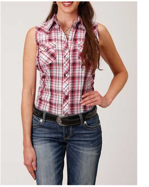 Image #1 - Roper Women's Classic Plaid Print Sleeveless Western Snap Shirt - Plus, Red, hi-res