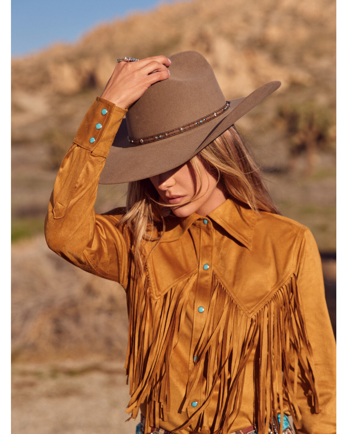 Image #1 - Wrangler x Lainey Wilson Women's Fringe Long Sleeve Snap Western Shirt, Caramel, hi-res