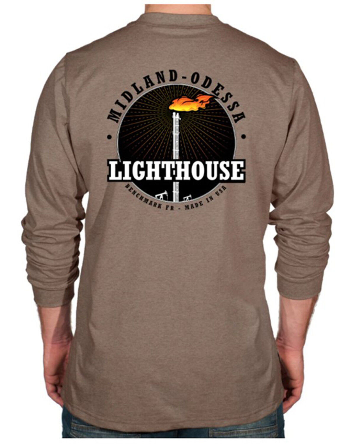 Image #1 - Benchmark FR Men's FR Midland Odessa Lighthouse Long Sleeve Graphic Work Shirt, Brown, hi-res