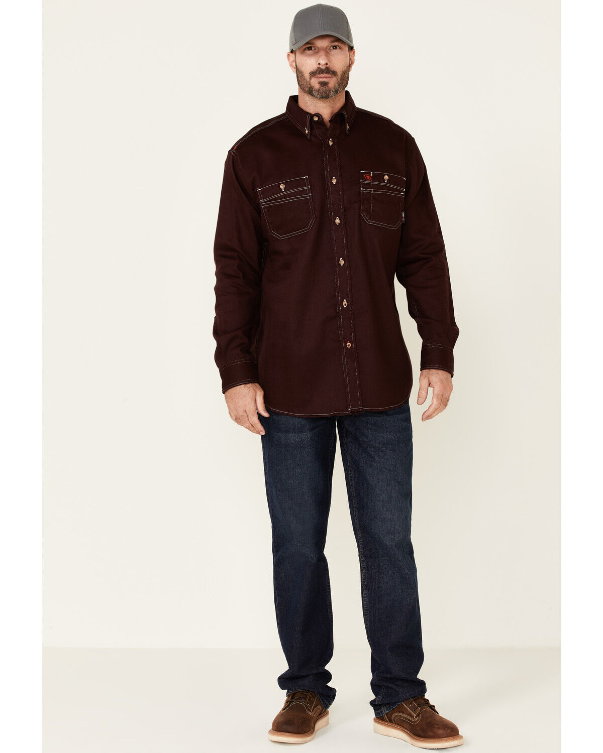 Image #2 - Ariat Men's FR Solid Long Sleeve Button Down Work Shirt, Burgundy, hi-res