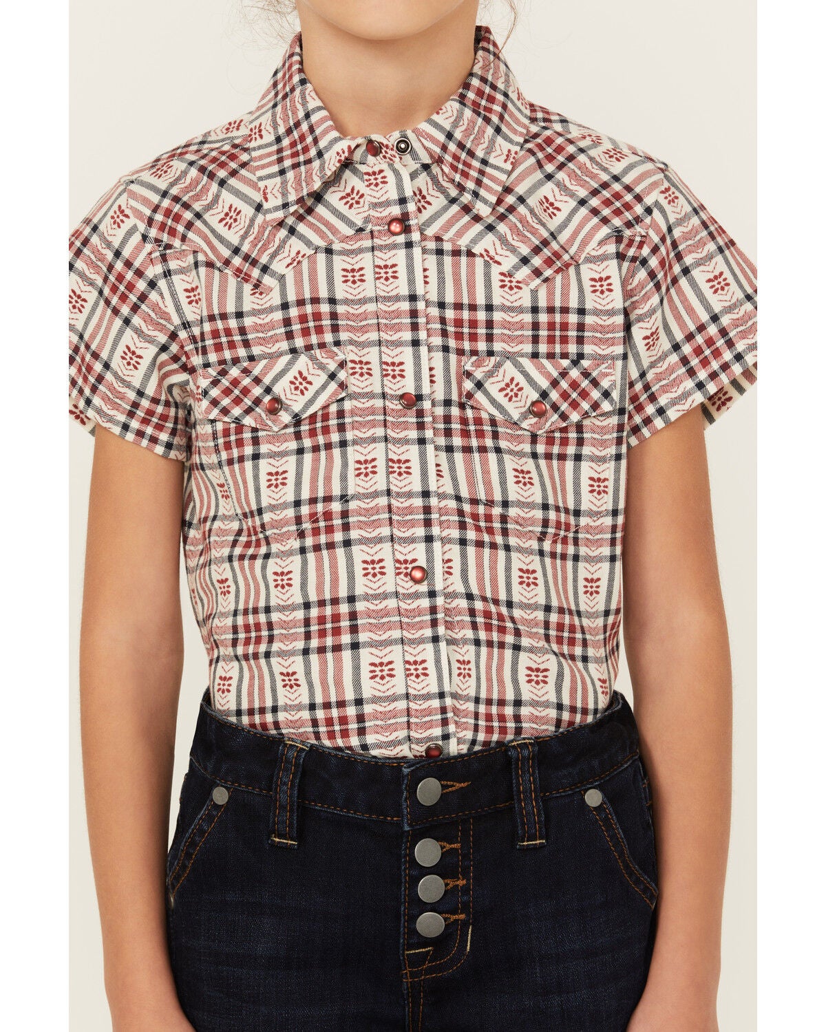 Image #3 - Shyanne Girls' Dobby Teton Plaid Print Short Sleeve Pearl Snap Western Shirt, Brick Red, hi-res