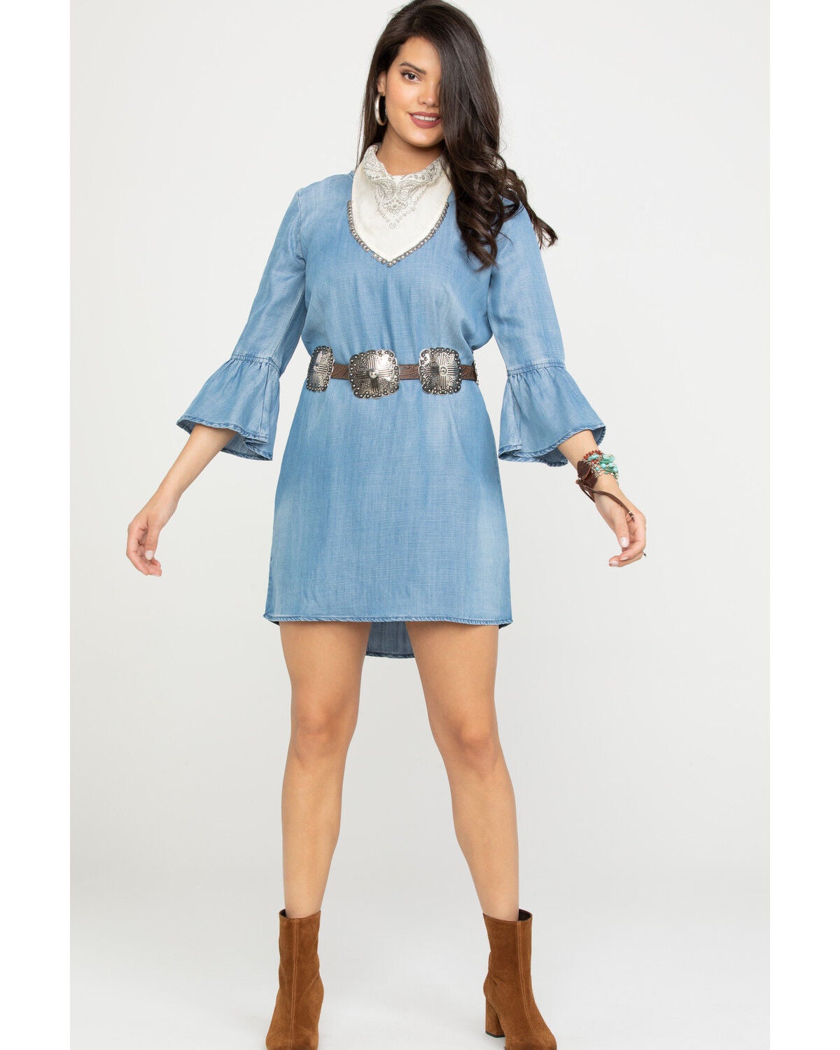 denim bell sleeve dress