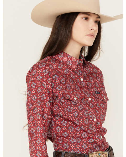 Image #2 - Wrangler Women's Floral Long Sleeve Snap Western Shirt, Burgundy, hi-res