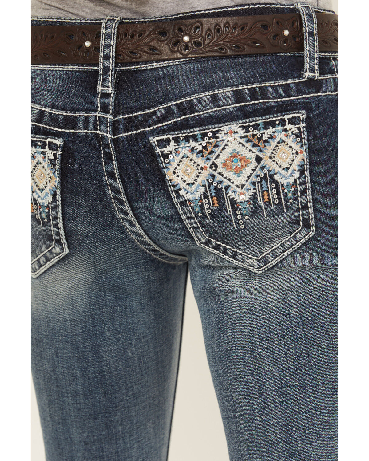 Image #2 - Grace in LA Girls' Medium Wash Geo Diamond Pocket Bootcut Stretch Denim Jeans, Medium Wash, hi-res