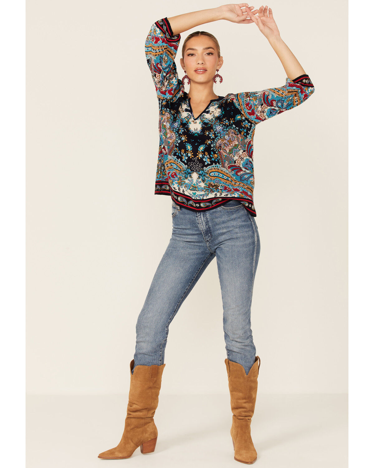 Image #4 - Bila Women's Boho Border Print V-Neckline Top, Navy, hi-res