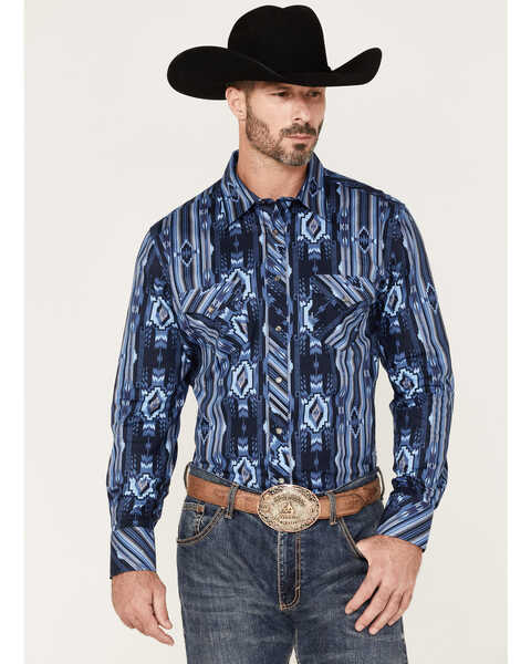 Rock & Roll Denim Men's Southwestern Stretch Long Sleeve Snap Shirt, Blue, hi-res